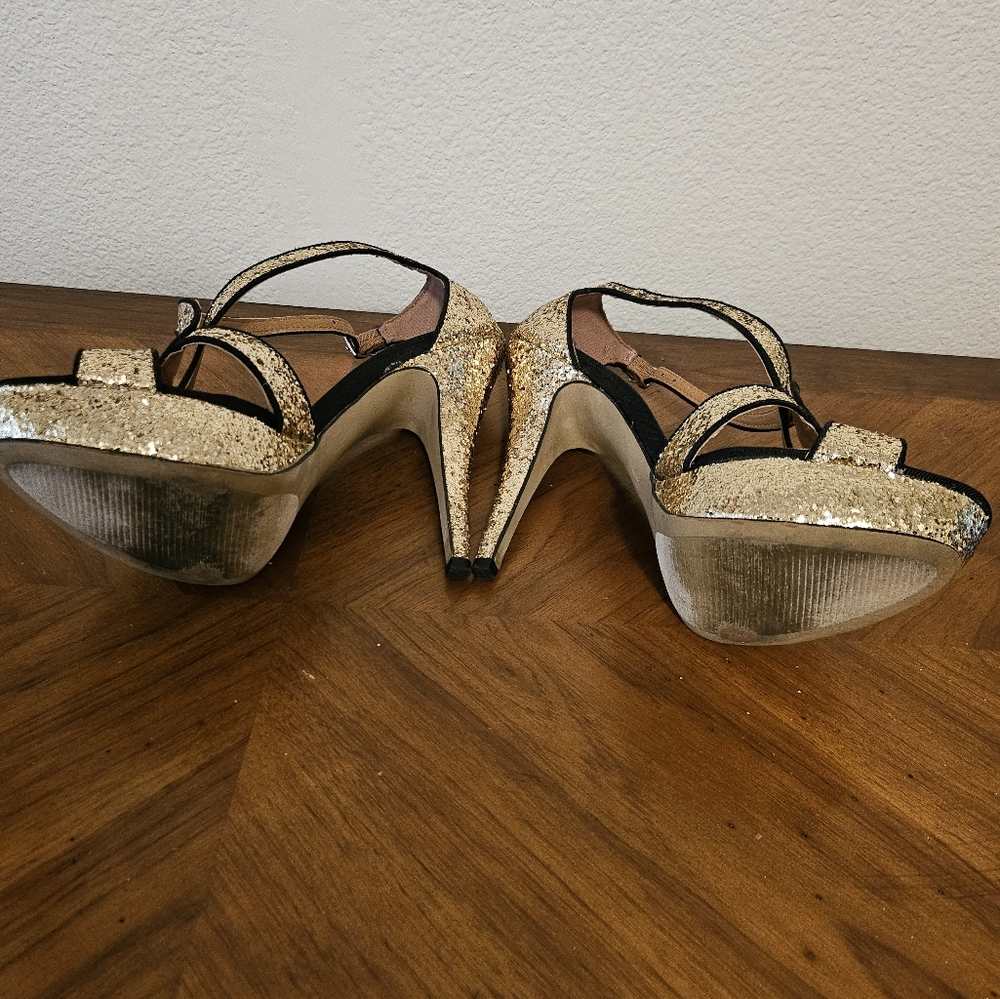 ELLE PLATFORM STRAPPY SANDALS BLACK/GOLD SEQUIN SIZE 7M - Picture 3 of 5